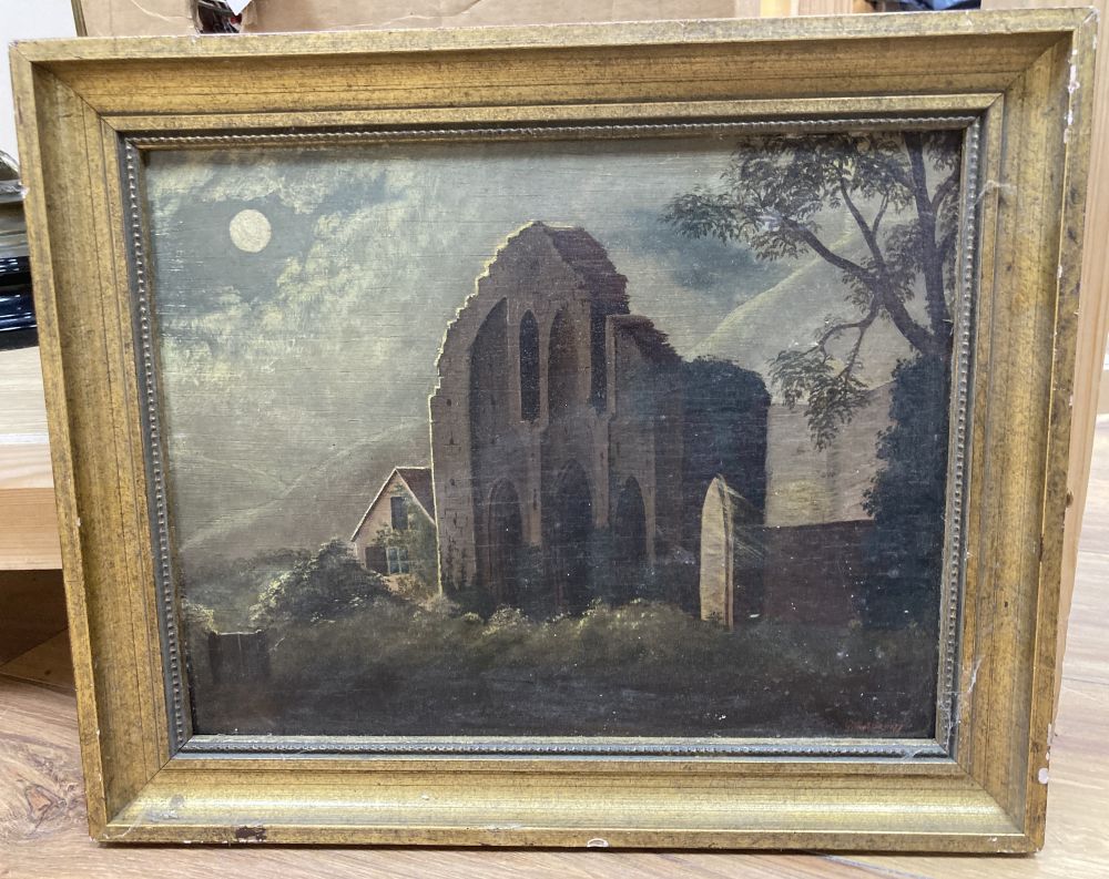 G.Sephton (19th C.) oil on board, Moonlit ruins, signed and dated 1877, 23 x 29cm.